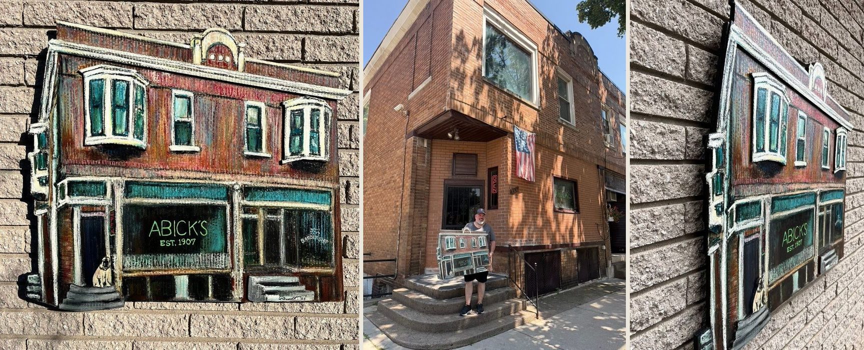 Abick's Shadow, a hand-cut and hand-painted cardboard relief of Abick's corner bar, Est. 1907: on a brick wall, held on the steps of the real building, and an angled side view
