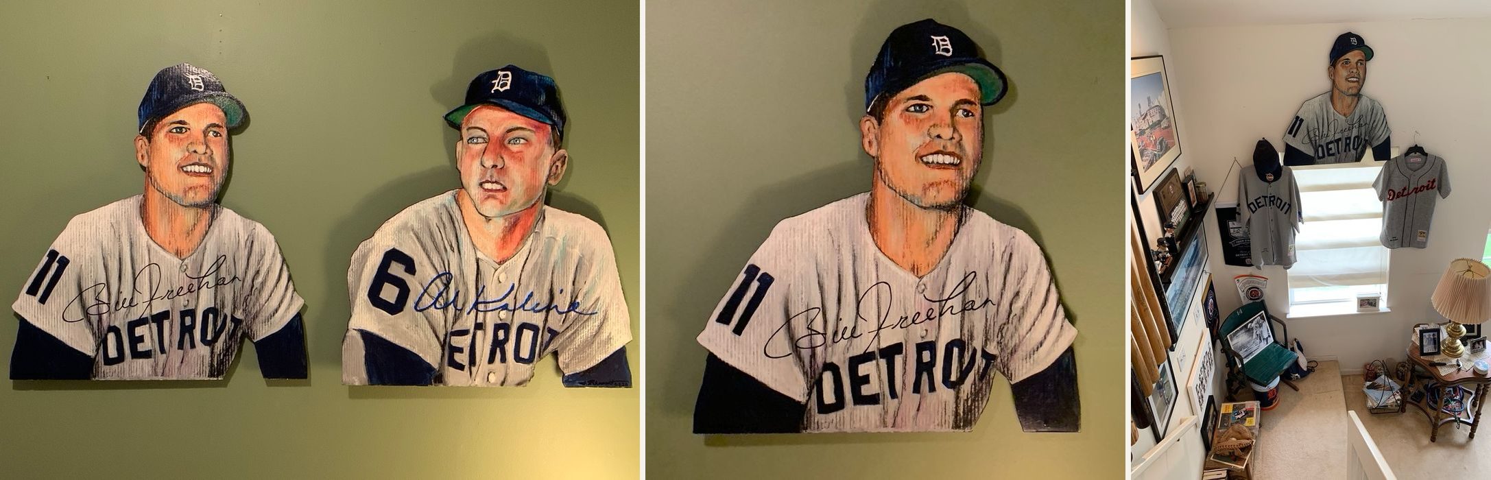 Hand-cut and hand-painted, signed portraits of Detroit Tigers Bill Freehan, number 11, and Al Kaline, number 6, side by side on a green wall, plus the Freehan piece hanging above a window in a collector's home