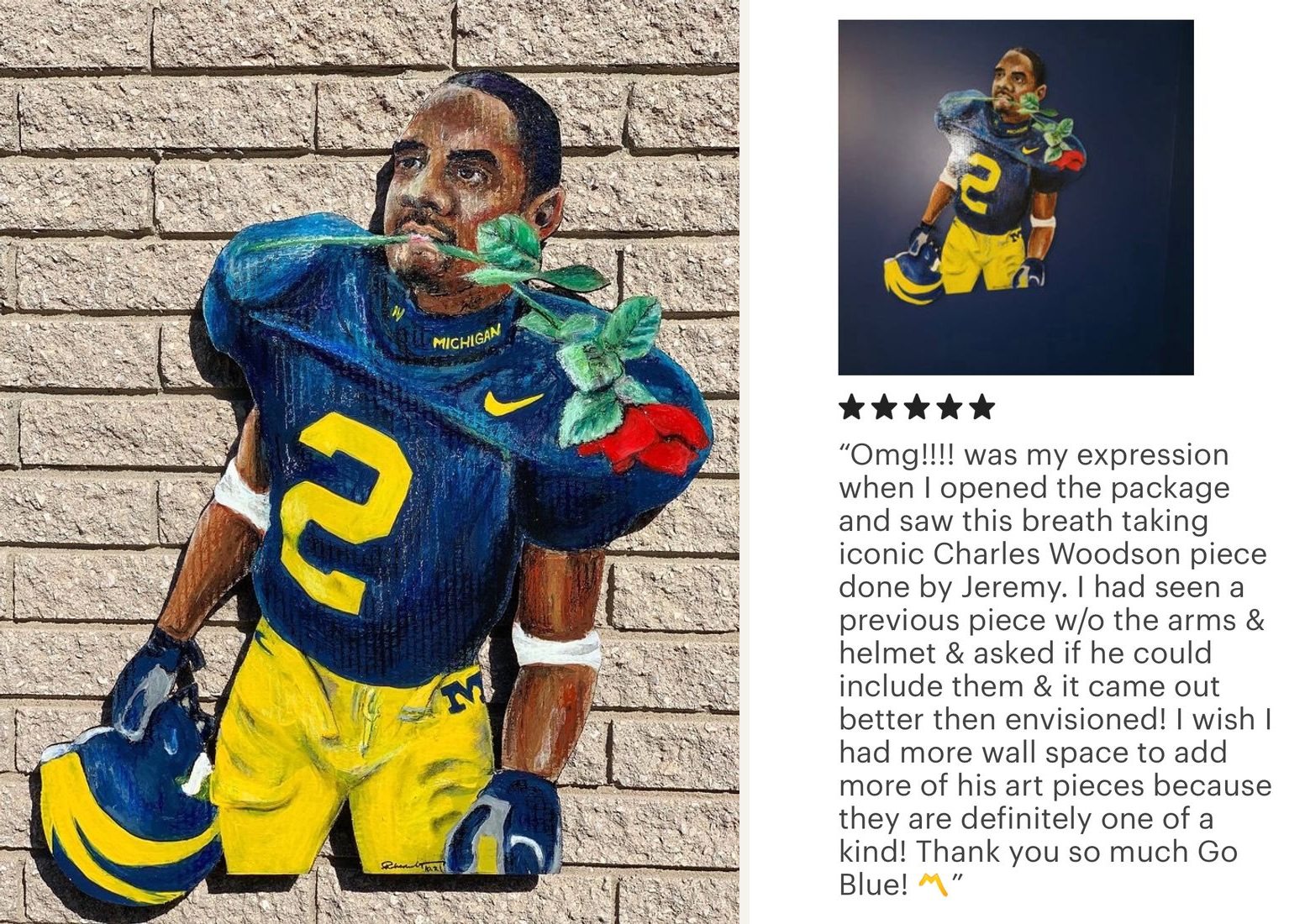 Hand-cut and hand-painted Michigan football portrait of Charles Woodson, number 2, with a rose in his mouth and his helmet in hand, on a brick wall, next to a five-star customer review of the piece