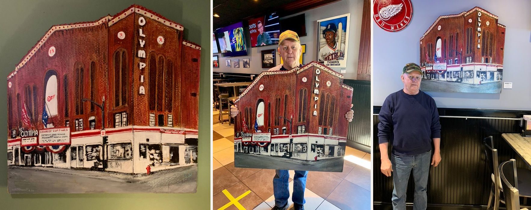 Hand-painted Olympia Stadium, Detroit Red Wings, cardboard relief: on a green wall, held by the customer, and hanging on the wall of a sports bar beside a Red Wings sign