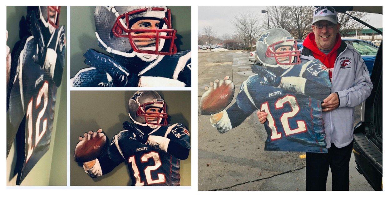 Hand-cut and hand-painted New England Patriots quarterback, number 12, in a navy jersey throwing a football: three close views on a green wall, and held by a smiling customer in a parking lot