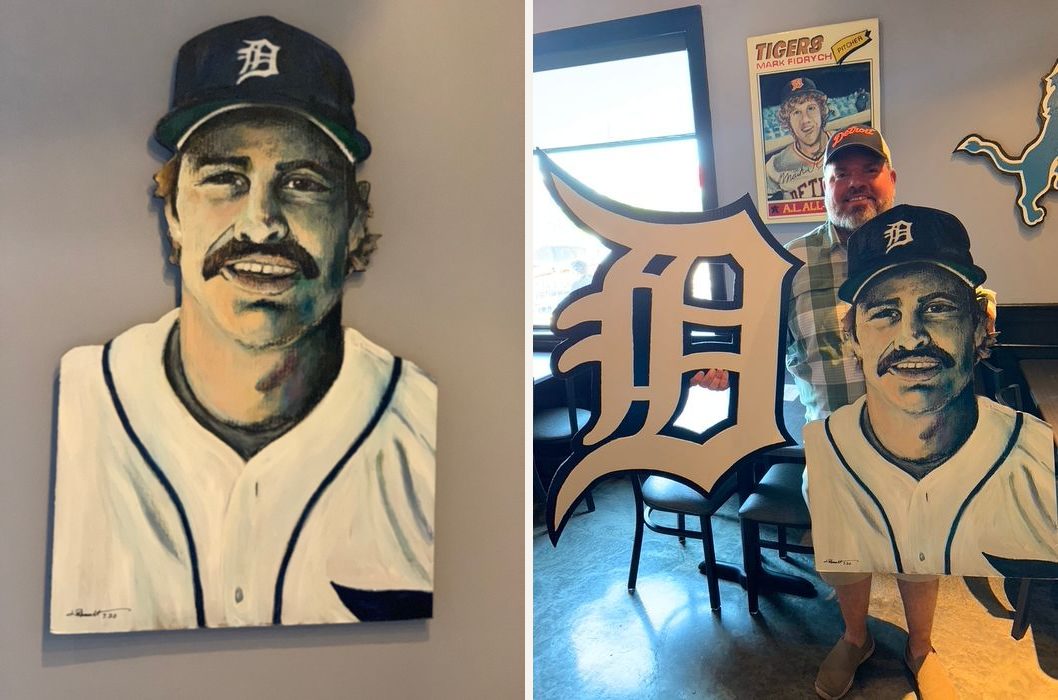 Hand-cut and hand-painted portrait of a mustached Detroit Tigers player in a navy D cap and white pinstripe jersey: on a gray wall, and held by a customer in a bar beside a giant Old English D piece